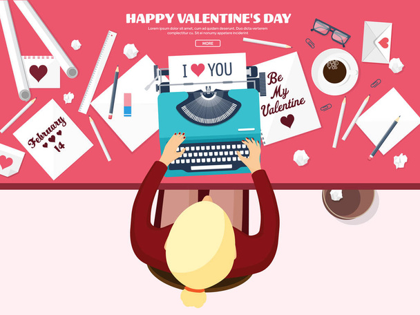 Flat background with typewriter. Love, hearts. Valentines day. Be my valentine. 14 february.Vector illustration. Holidays. - Photo, Image