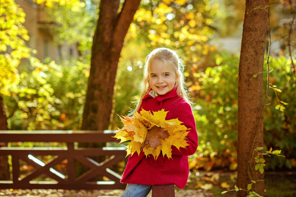 Little girl in coat in autumn in the park laughing happy - Foto, imagen