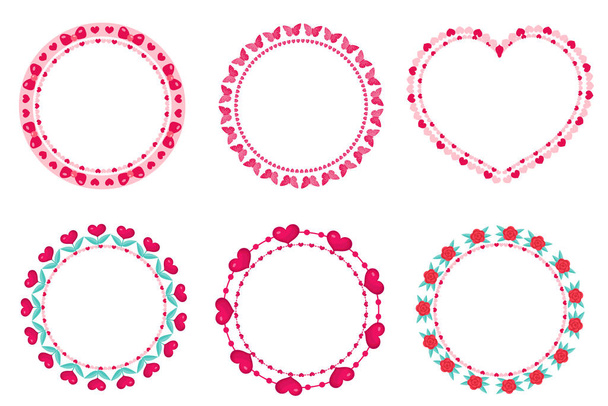 Valentines day frame set. Cute round border with space for text. Isolated on white background. Vector illustration. - Vector, Image
