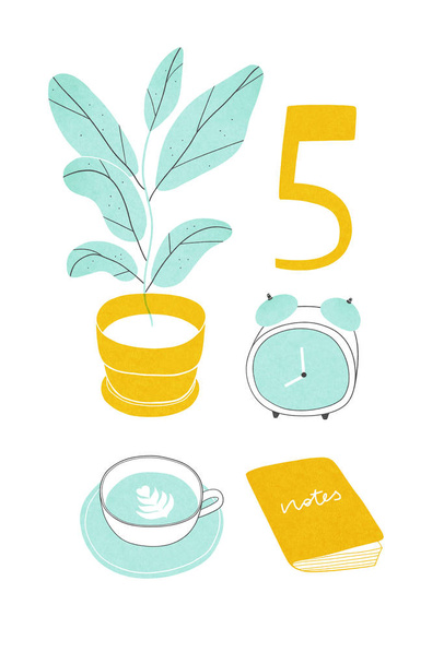 Plant in the pot, cup of coffee, notebook and alarm clock - Photo, Image