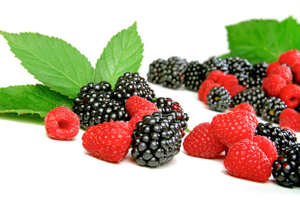 Blackberries and raspberries with leaves  - Foto, Imagem