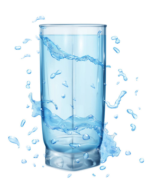 Salpicos de água em cores azuis claras em torno de um vidro opaco com água
 - Vetor, Imagem