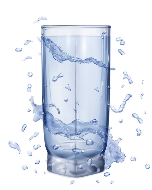 Salpicaduras de agua en colores azules claros alrededor de un vidrio opaco con agua
 - Vector, Imagen