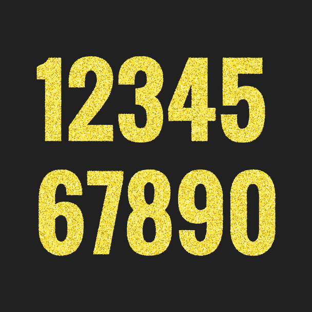 Numery alfabet złoty Brokat. Błyszczący sans serif typeface - Wektor, obraz