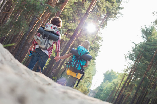 hiking couple holding hands in forest - Foto, imagen
