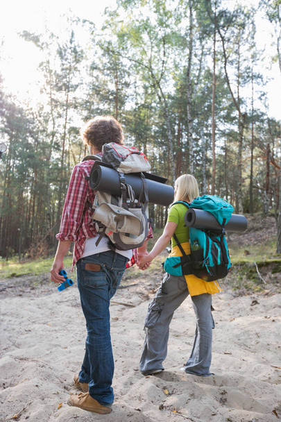 Couple with backpacks walking in forest - Foto, Bild