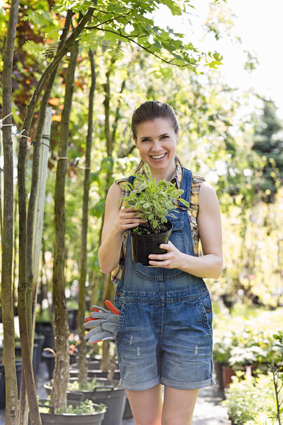 Happy woman holding potted plant - Foto, imagen