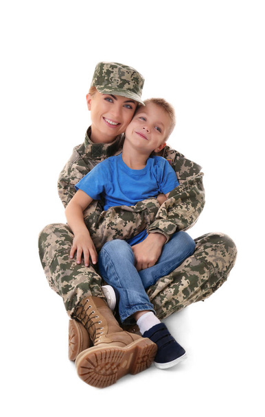 Woman soldier and son  - Foto, Bild