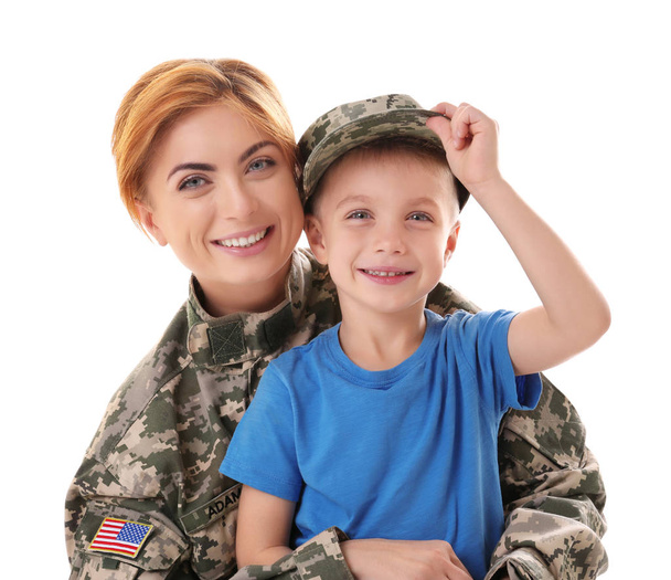 Woman soldier and son  - Фото, изображение