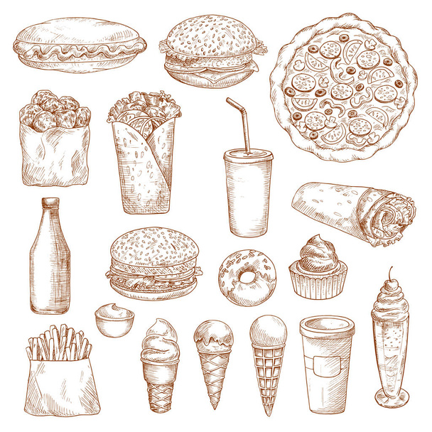 Fast Food σκίτσο ανυσματικά εικονίδια - Διάνυσμα, εικόνα