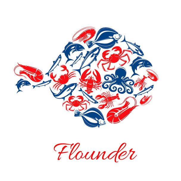 Seafood poster in shape of flounder fish symbol - Vector, Image