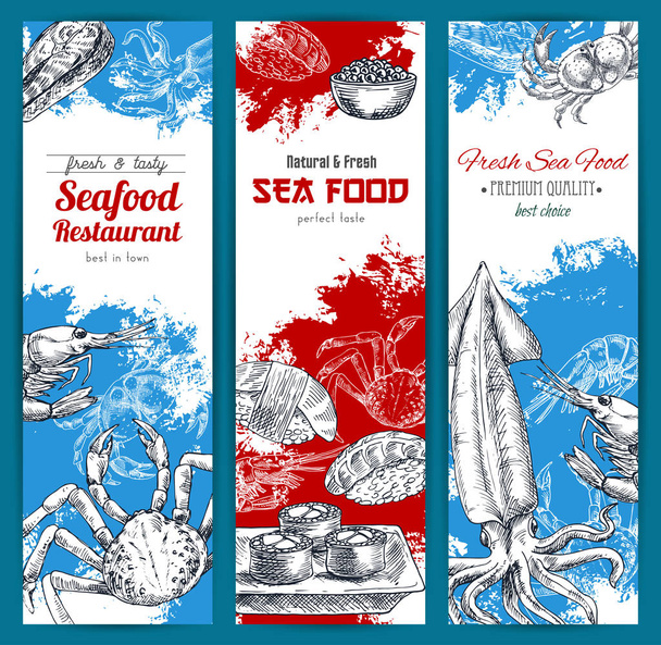 Seafood and fish food sketch banners set - Vector, Image