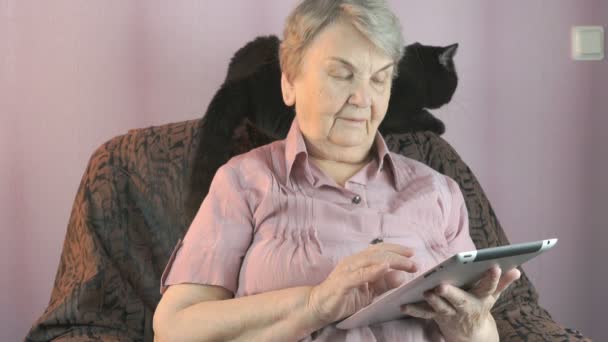 Aged woman sits at a armchair next to a black cat - Felvétel, videó
