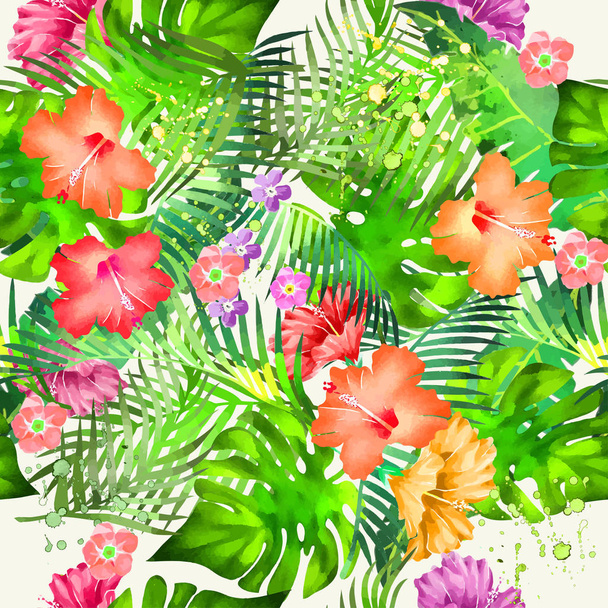 Vivid colors bright tropical flowers watercolor vector seamless pattern. - Vector, Image