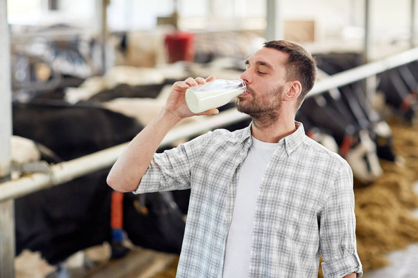 man or farmer drinking cows milk on dairy farm - Foto, afbeelding