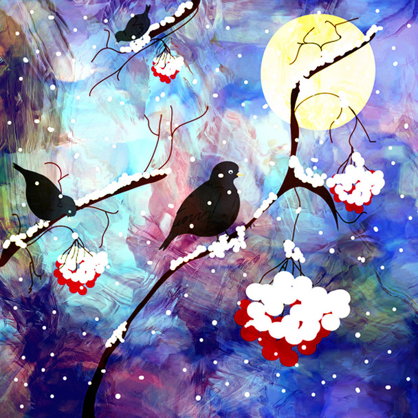 Üvez, ashberry, kuşlar dalları ile gece manzarası   - Fotoğraf, Görsel