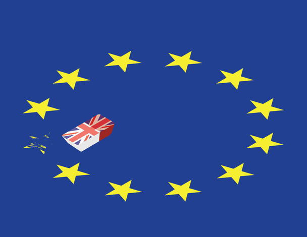 Concepto Brexit. Borrador con bandera británica en la bandera de la Unión Europea
.  - Vector, Imagen