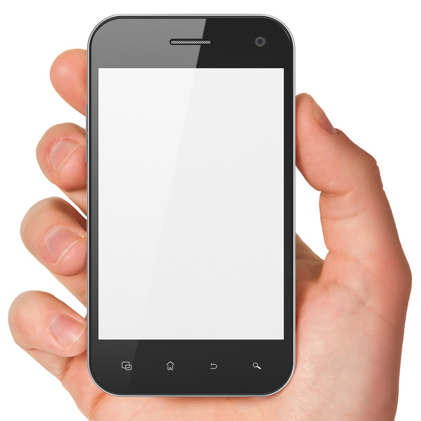 Hand holding smartphone on white background. Generic mobile smar - Photo, Image