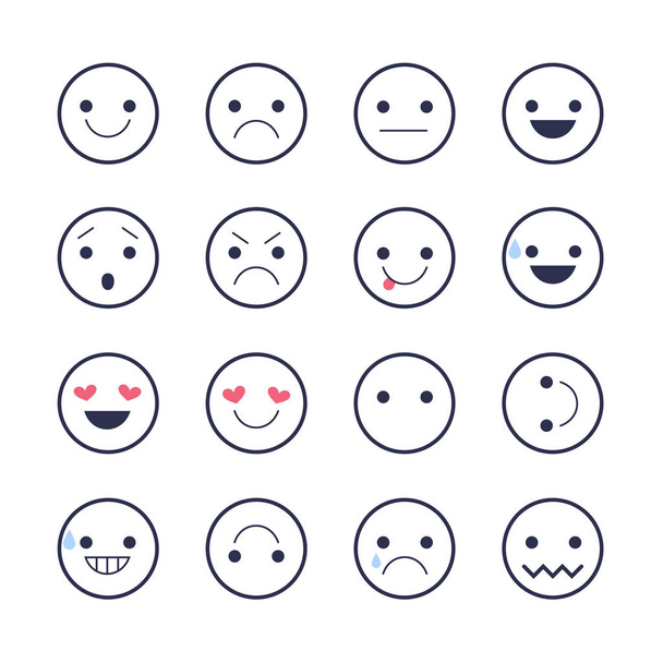 Emoji ikony dla aplikacji i czat. Emotikony z różnych emocji na białym tle. - Wektor, obraz