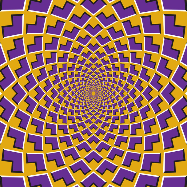 Hintergrund der optischen Bewegungsillusion. lila Ecken strömen kreisförmig zur Mitte auf gelbem Hintergrund zusammen. - Vektor, Bild