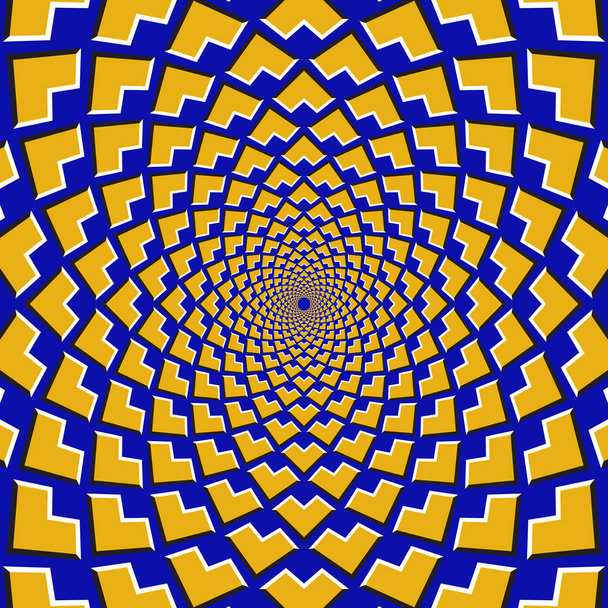 Fondo de ilusión de movimiento óptico. Las esquinas amarillas vuelan separadas circularmente desde el centro sobre fondo azul
. - Vector, Imagen