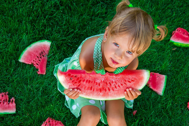 Child sitting on the grass with slices of watermelon in summer. Looking at camera. - Photo, Image