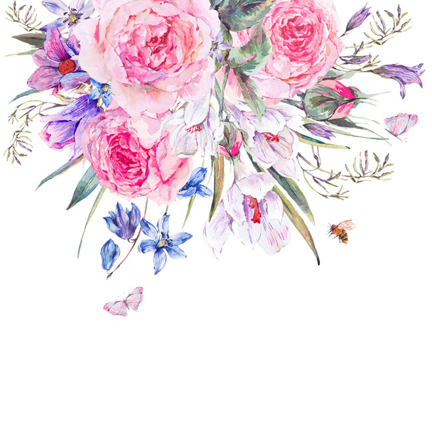 Wiosną akwarela bukiet z Przebiśniegi i niebieski kwiaty - Zdjęcie, obraz