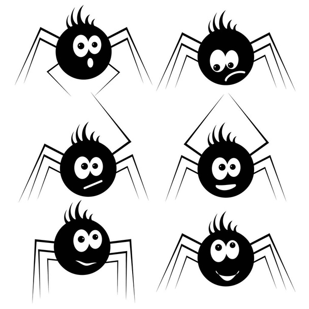 Set of cartoon black spiders. Funny and cute characters. Vector illustrations on a white background. - Vector, Image