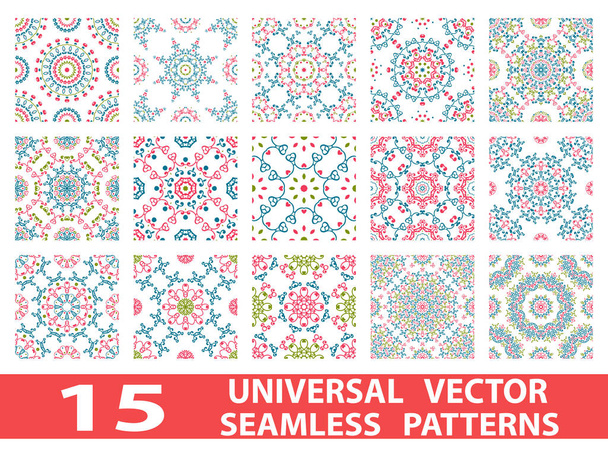 15 univerzális különböző vektor varrat nélküli minták (csempe). Végtelen textúra tapéta, kitöltőmintáikat, weblapok háttere, érzéseire is felhasználható. Állítsa be a modern design dísz - Vektor, kép