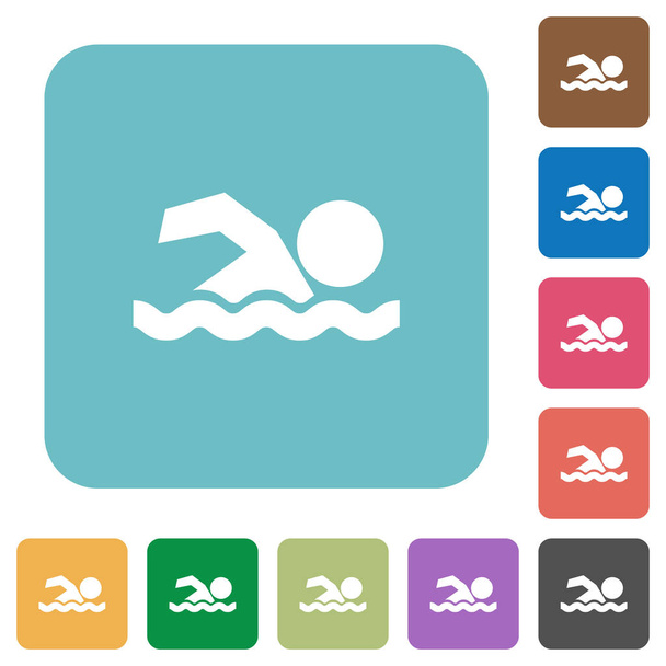 Zwemmen man afgerond vierkant plat pictogrammen - Vector, afbeelding
