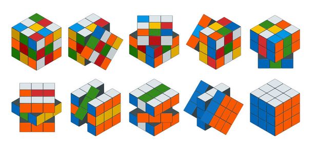 Isometric cube toy puzzle, 3x3 square. Rubiks cube on a white background. This famous cube puzzle was invented by the architect Erno Rubik in 1974 - Vecteur, image