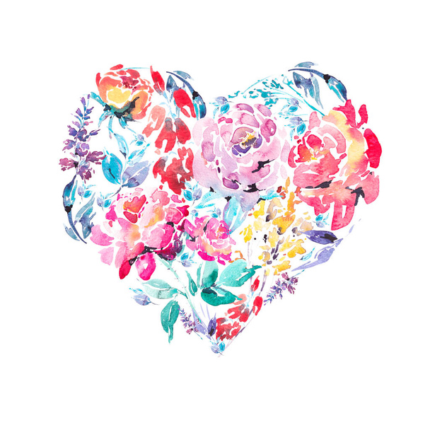 カラフルな水彩の花バラ ハート - 写真・画像