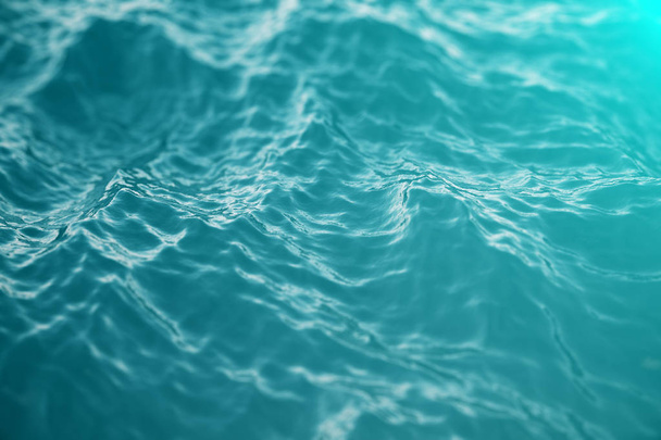 Blue water background with ripples, sea, ocean wave low angle view. Close-up Nature background. Soft focus with selective focus, 3d rendering - Fotó, kép