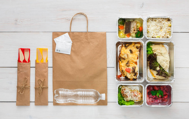 Egészséges étel eltesz dobozok, felülnézet, fa - Fotó, kép