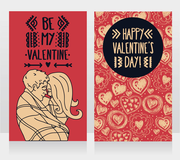 cards for valentine's day with kissing couple and hand drawn hearts ornament - Vektor, obrázek