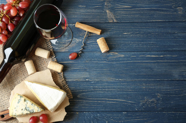 Wine, red grape and cheese - Photo, Image