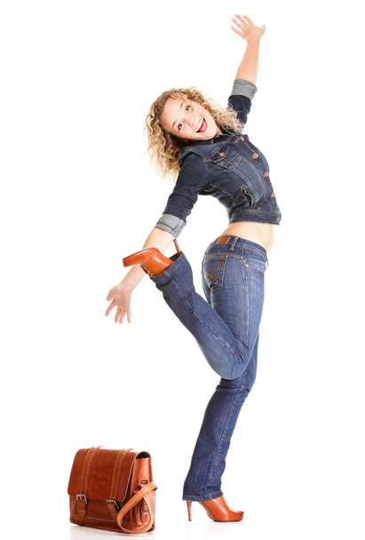 Beautiful young woman blonde standing full body in jeans isolate - Фото, зображення