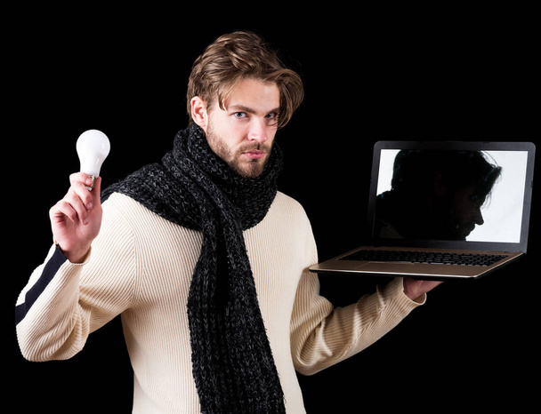 bearded guy with laptop and lamp - 写真・画像