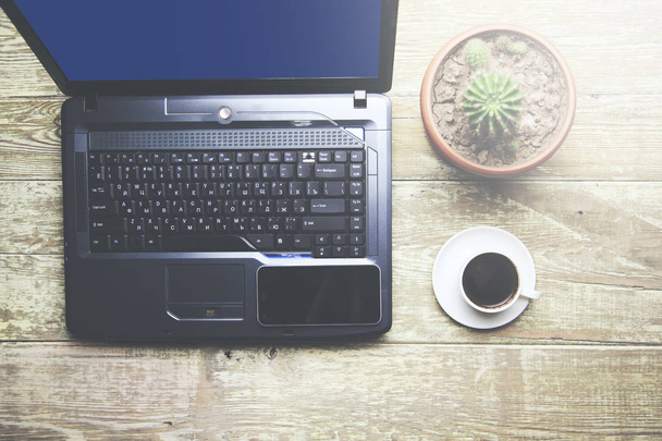 computer,coffee and cactus - Photo, Image