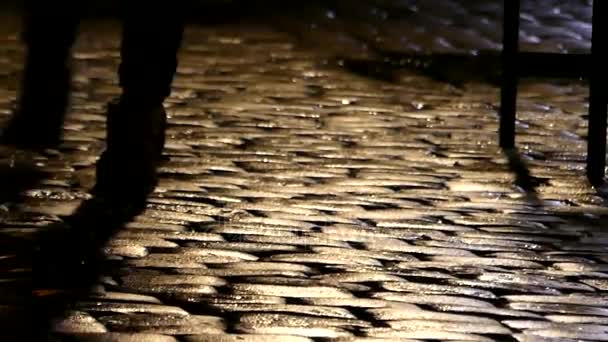 Pies de varias personas caminando a lo largo de un costado de adoquines por la noche en Slo-Mo
 - Metraje, vídeo