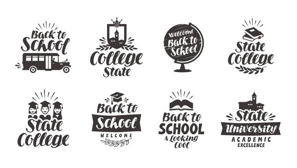 Iskola, oktatás készlet ikonok. Gyönyörű kalligrafikus betűkkel. Címke vektoros illusztráció - Vektor, kép