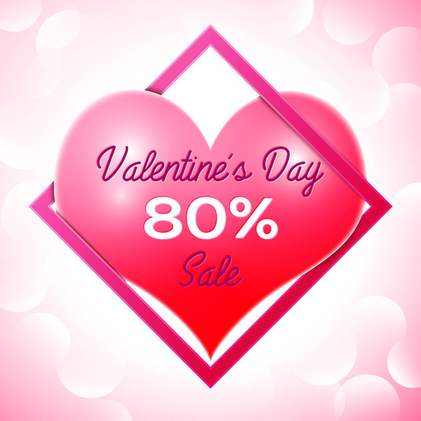 Realistyczne czerwone serce z napisem w centrum tekst Valentines Day sprzedaż 80 procent zniżki w różowy kwadrat ramki. Koncepcja sprzedaży dla urządzeń mobilnych, sklep internetowy, zakupy. Ilustracja wektorowa. - Wektor, obraz