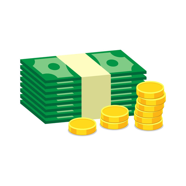 Stapels van gouden munten en dollar cash. Vectorillustratie in platte ontwerp op witte achtergrond - Vector, afbeelding