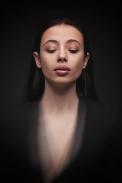 portrait young elegant woman in black jacket - Photo, Image