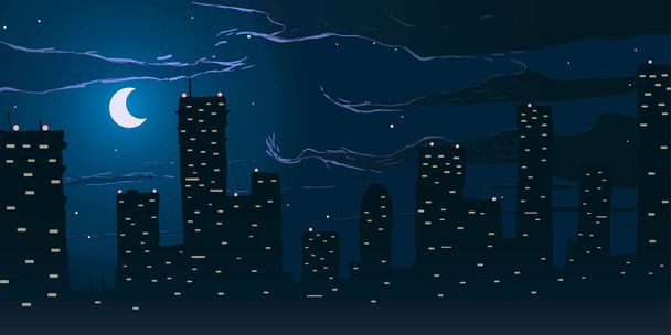 Vector illustration. Skyscrapers against the stars and the moon. - Vektor, kép