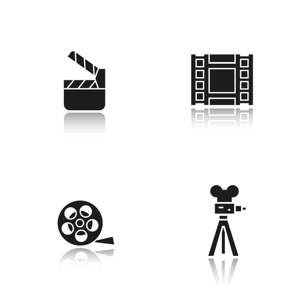 Съемки черных иконок тени. Film camera, video, reel, movie clapperboard symbol. Изолированные векторные иллюстрации
. - Вектор,изображение