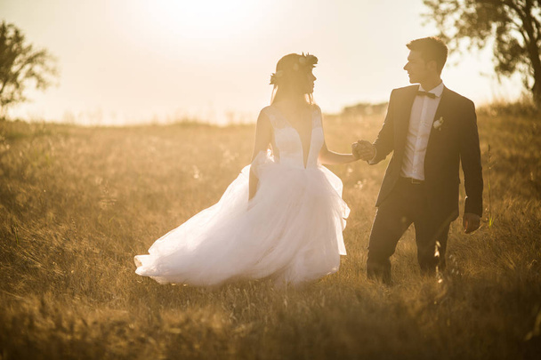 Young wedding couple enjoying romantic moments outside on a summer meadow - Photo, Image