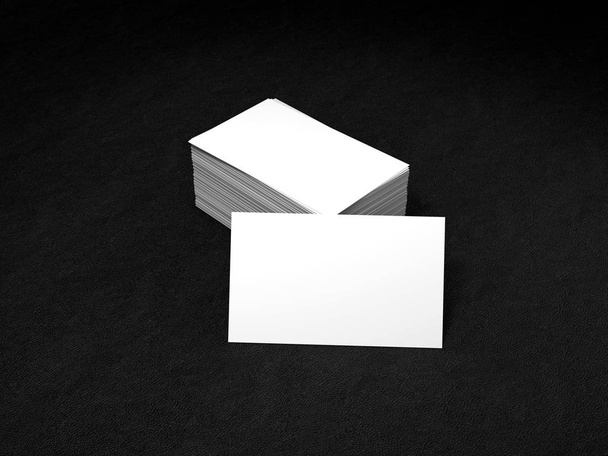 Stack of white business cards. Namecards mockup template on black leather background. 3D Rendering - Foto, imagen