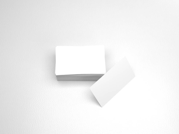Stapel von Visitenkarten. Namensschilder-Attrappe auf weißem Lederhintergrund. 3D-Darstellung - Foto, Bild