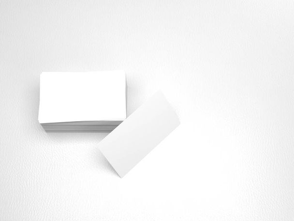 ビジネス カードのスタック。白い革の背景に作り上げていくモックアップ テンプレート。3 d レンダリング - 写真・画像